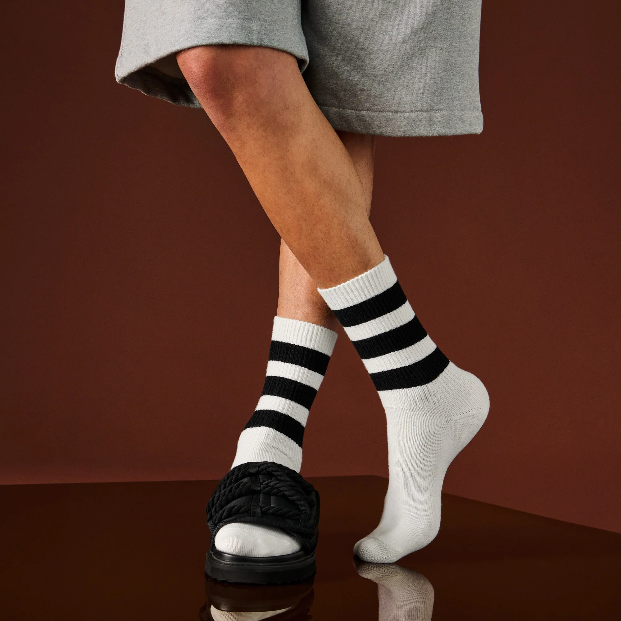 Fine Merino Tri-Stripe Ribbed Crew Socks