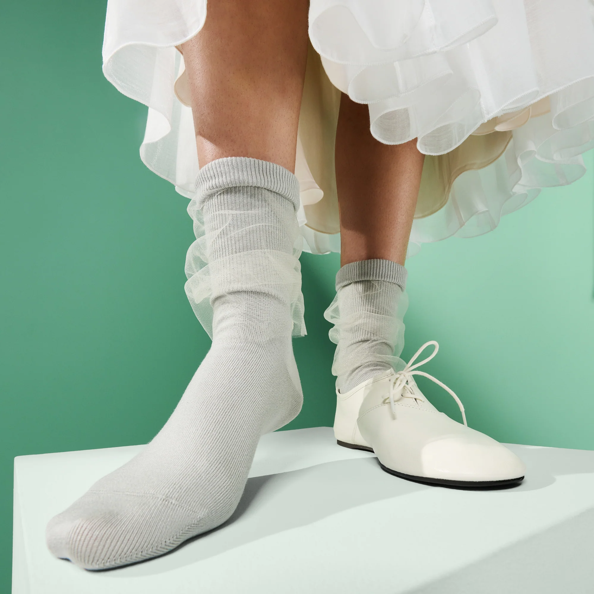 Tulle-Veiled Cotton Crew Socks
